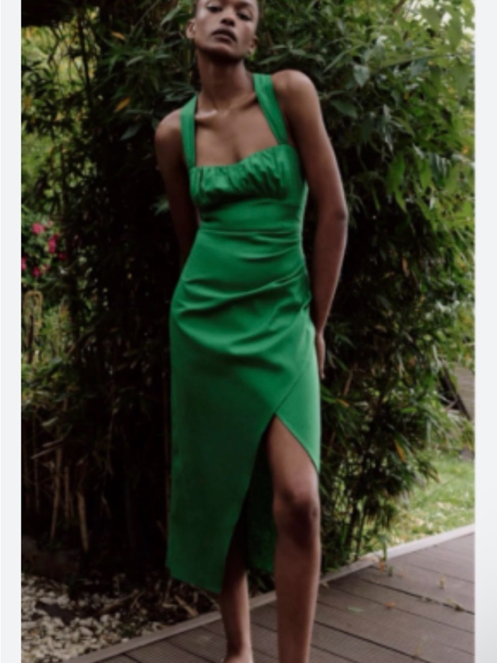 Zara Green Halter Midi Dress with Front Slit